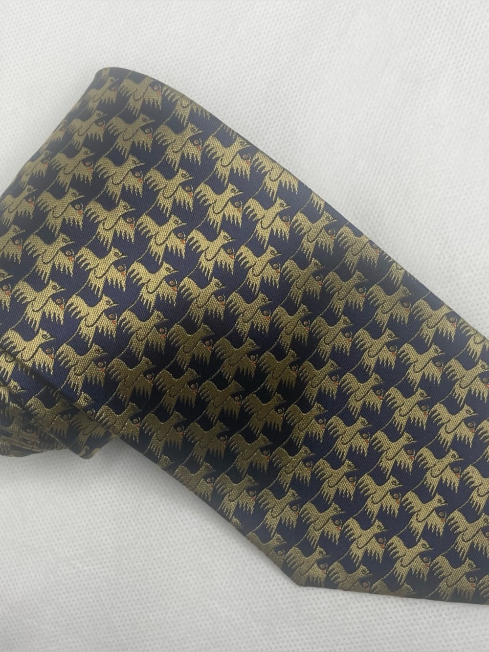 The Art of MC Escher Twelve Birds Necktie Italian Silk Navy Blue Gold Art Tie